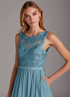 Azazie Elly Bridesmaid Dresses Moody Blue A-Line Lace Scoop Neck Chiffon Dress image6