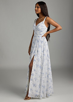 Azazie Chanel Jurken voor bruidsmeisjes Jurk van Chiffon met A-Lijn Geplooid Blauw Huisje Bloemen image5