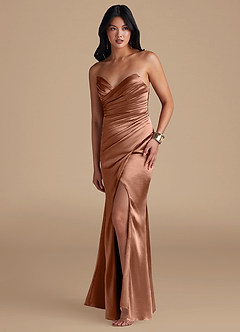 Azazie Yola Bridesmaid Dresses Bronzer Sheath Pleated Metallic Satin Dress image5