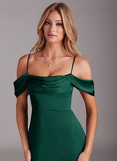 Azazie Saige Bridesmaid Dresses Emerald Sheath Off the Shoulder Stretch Satin Dress image2