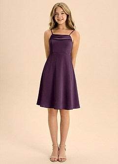 Azazie Anselie Junior Plum A-Line Pleated Stretch Satin Dress image5