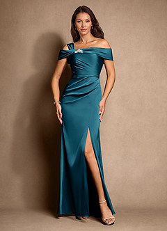 Azazie Altonia Mother of the Bride Dresses Ink Blue Mermaid Off the Shoulder Stretch Satin Dress image4