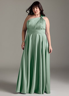 Azazie Charlize Bridesmaid Dresses Agave A-Line One Shoulder Stretch Satin Dress image13