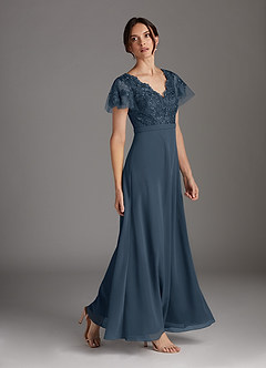 Azazie Singer Moeder van de bruid jurken A-Lijn Jurk van Chiffon V-hals kant Neptunus image3