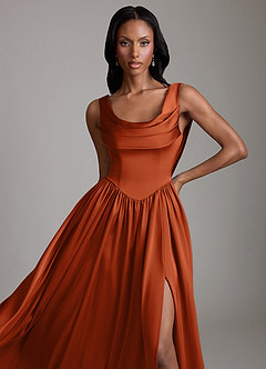 Azazie Novi Bridesmaid Dresses Burnt Orange A-Line with Pockets Stretch Satin Dress image3