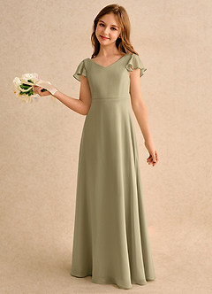 Azazie Nari Girls Formal Flower Girl Dresses Moss Green A-Line with Sleeves Chiffon Dress image1