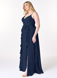 Azazie Peyton Abiti da Damigella Abito A-Line in Chiffon Increspato Marino Scuro image9