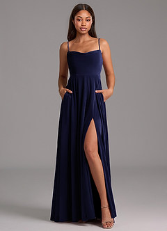Azazie Elle Bridesmaid Dresses Dark Navy A-Line with Pockets Velvet Dress image1
