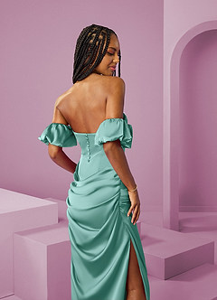 Barbie ♥ Azazie Jurken voor bruidsmeisjes Converteerbaar Jurk van Stretch Satijn met Kolom Off the Shoulder Aqua image8