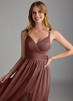 Azazie Chanel Bridesmaid Dresses Espresso A-Line Pleated Stretch Satin Dress image3