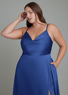 Azazie Sarella Bridesmaid Dresses Royal Blue A-Line Pleated Stretch Satin Dress image9