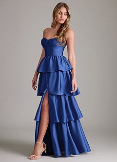 Azazie Faye Bridesmaid Dresses Royal Blue A-Line Ruched Stretch Satin Dress image3