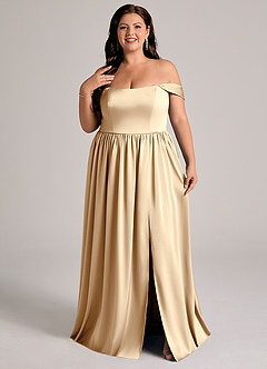 Azazie Calianna Bridesmaid Dresses Champagne A-Line Off the Shoulder Stretch Satin Convertible Dress image8