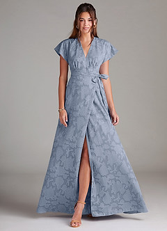 Azazie Ling Bridesmaid Dresses Dusty Blue A-Line Pleated Floral Burnout Dress image1