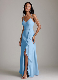 Azazie Naeem Robes de demoiselle d'honneur Robe Trapèze en Mousseline de soie Col V à volants Poudre Bleue image5