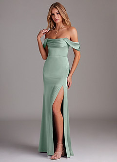 Azazie Saige Bridesmaid Dresses Agave Sheath Off the Shoulder Stretch Satin Dress image5