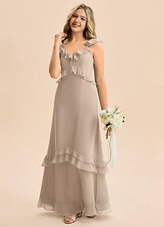 Azazie Tavie Junior Vestido de Gris Pardo de Gasa de Corte en A con Volante image1