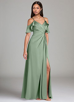 Azazie Dakota Bridesmaid Dresses Matcha A-Line Off the Shoulder Stretch Satin Dress image1