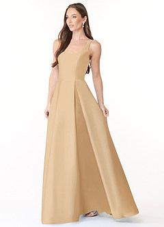 Azazie Neve Vestidos de damas de honor Vestido de Oro de Satén Elástico de Corte Princesa con Con bolsillos image3