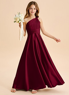 Azazie Charlize Junior Burgundy A-Line Pleated Stretch Satin Dress image1