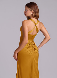 Azazie Amelie Bridesmaid Dresses Butterscotch A-Line Pleated Stretch Satin Dress image2