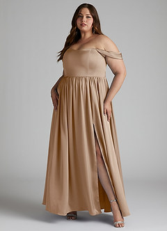 Azazie Morana Jurken voor bruidsmeisjes Converteerbaar Jurk van Stretch Satijn met A-Lijn Off the Shoulder Taupe image12