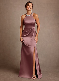 Azazie Lawrence Mother of the Bride Dresses Vintage Mauve A-Line Pleated Stretch Satin Dress image1