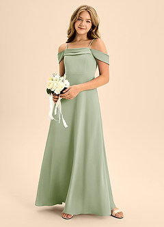 Azazie Anselie Junior Robe Trapèze en Satin extensible Épaule décolletée Vert Sauge image1