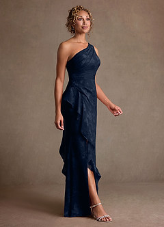 Azazie Galinda vestidos de madre de la novia Vestido de Azul Marino Oscuro de Jacquard Floral de Corte Recto con Hombro unilateral image4