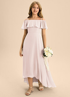 Azazie Maggie Junior Rose Petal A-Line Off the Shoulder Chiffon Dress image3