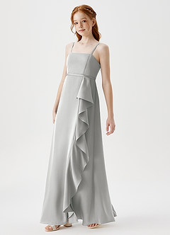 Azazie Kaylee Junior Silver A-Line with Belt Stretch Satin Dress image4