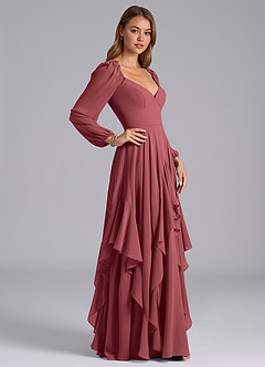 Azazie Karan Vestidos de damas de honor Vestido de Merlot de Gasa de Corte en A con Manga larga image5