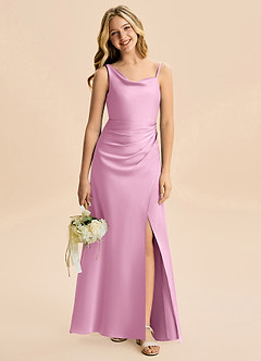Azazie Abby Junior Robe Fourreau en Satin extensible Plissé Rose Bonbon image1