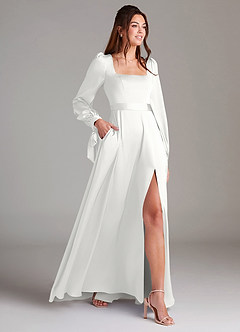 Azazie Leonia Abiti da Damigella Abito A-Line in Raso Elasticizzato Manica Lunga Bianco image4