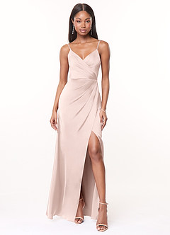 Azazie Maci Brautjungfernkleider A-Linie V-Hals Gefaltet Stretch-Satin Kleid Zartrosa image4
