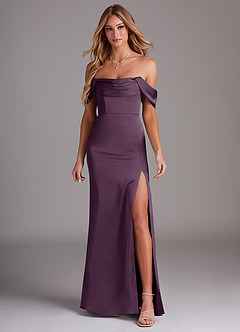 Azazie Saige Bridesmaid Dresses Plum Sheath Off the Shoulder Stretch Satin Dress image3