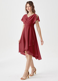 Azazie Graciela Junior Pomegranate A-Line Pleated Chiffon Dress image4