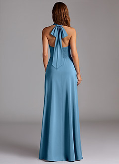 Azazie Myra Bridesmaid Dresses Steel Blue A-Line Side Slit Stretch Satin Dress image6