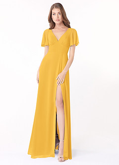 Azazie Kimber Bridesmaid Dresses Marigold A-Line Flounce Sleeve Chiffon Dress image1