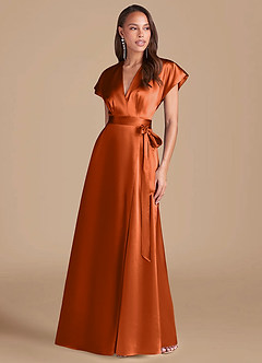 Azazie Nico Bridesmaid Dresses Burnt Orange A-Line Pleated Metallic Satin Dress image1