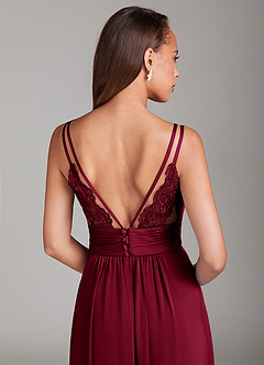 Azazie Maren Allure Bridesmaid Dresses Burgundy A-Line Lace Stretch Satin Dress image2