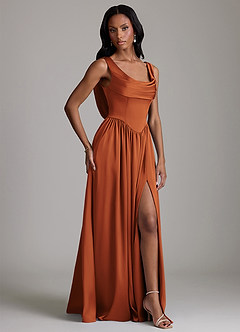Azazie Novi Bridesmaid Dresses Cinnamon A-Line with Pockets Stretch Satin Dress image5