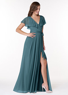 Azazie Jael Brautjungfernkleider A-Linie V-Hals Gittergewebe Kleid Bermudablau image4