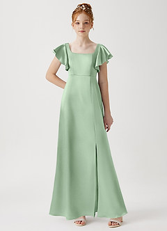 Azazie Bondi Junior Matcha A-Line Side Slit Metallic Satin Dress image1