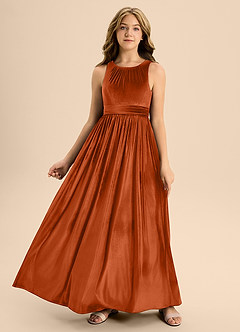 Azazie Jaylah Junior Burnt Orange A-Line Pleated Velvet Dress image5