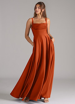 Azazie Shaude Vestidos de damas de honor Vestido de Naranja Quemada de Satén Elástico de Corte en A con Plisado image3