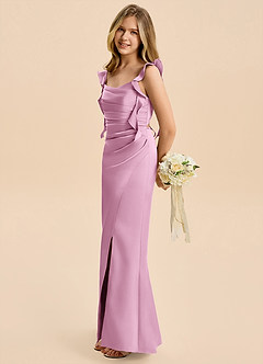 Azazie Jessamine Junior Candy Pink Sheath Ruched Stretch Satin Dress image7