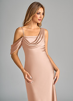 Azazie Celina Bridesmaid Dresses Rose Gold Sheath Off the Shoulder Stretch Satin Dress image7