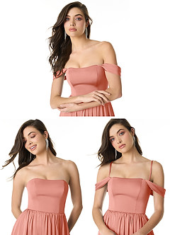 Azazie Morana Bridesmaid Dresses Coral A-Line Off the Shoulder Stretch Satin Convertible Dress image12