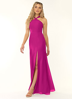 Azazie Rue Vestidos de damas de honor Vestido de Fucsia de Gasa de Corte En A con Halter image5